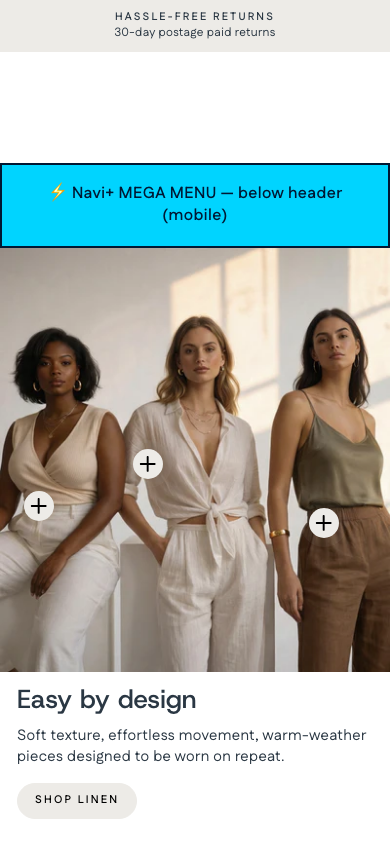 Menu inserted below header — Navi+ on the Impulse Shopify theme