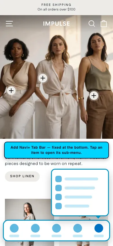 Navi+ Tab Bar on the Impulse Shopify theme Navi+ Tab Bar on the Impulse Shopify theme