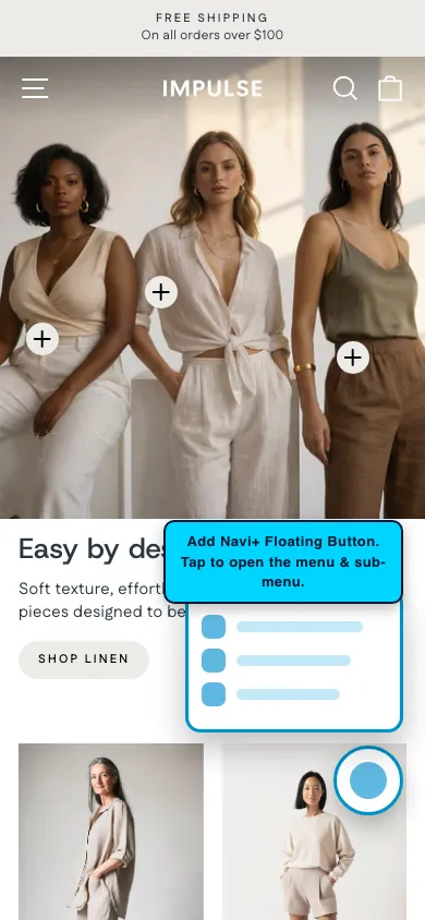 Navi+ FAB on the Impulse Shopify theme Navi+ FAB on the Impulse Shopify theme