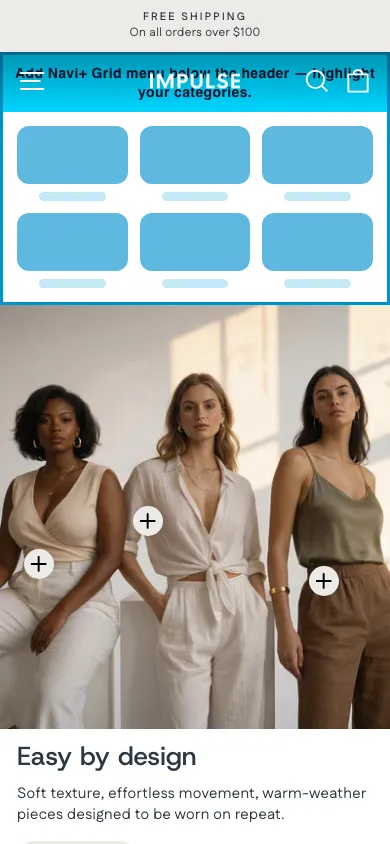Navi+ Grid Menu on the Impulse Shopify theme Navi+ Grid Menu on the Impulse Shopify theme