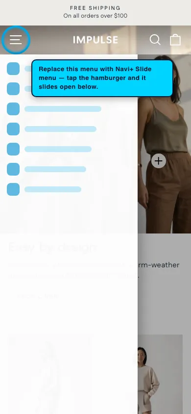Navi+ Slide Menu on the Impulse Shopify theme Navi+ Slide Menu on the Impulse Shopify theme