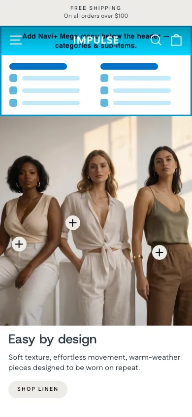 Navi+ mobile Mega Menu on the Impulse Shopify theme Navi+ mobile Mega Menu on the Impulse Shopify theme