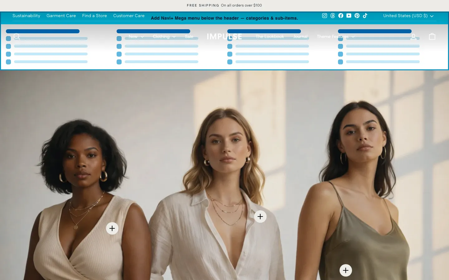 Navi+ Mega Menu inserted below the header on the Impulse Shopify theme Navi+ Mega Menu inserted below the header on the Impulse Shopify theme