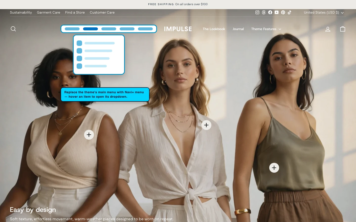 Navi+ Mega Menu replacing the desktop menu on the Impulse Shopify theme Navi+ Mega Menu replacing the desktop menu on the Impulse Shopify theme