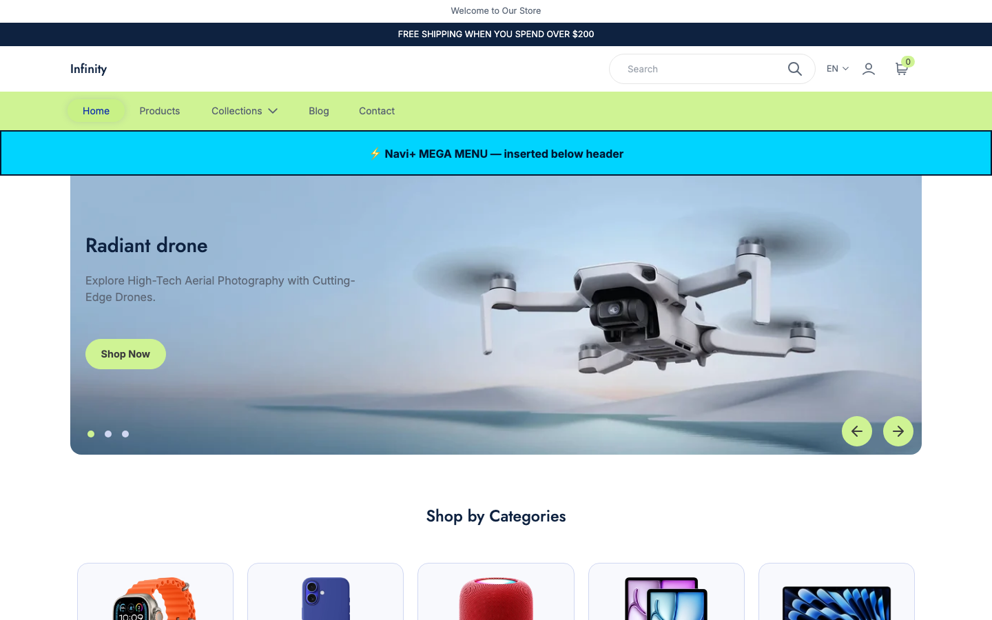 Menu inserted below header — Navi+ on the Infinity Shopify theme Menu inserted below header — Navi+ on the Infinity Shopify theme