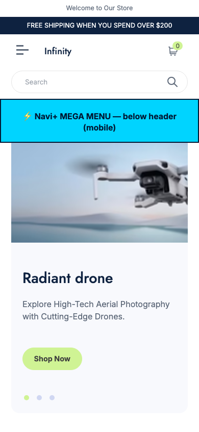Menu inserted below header — Navi+ on the Infinity Shopify theme Menu inserted below header — Navi+ on the Infinity Shopify theme
