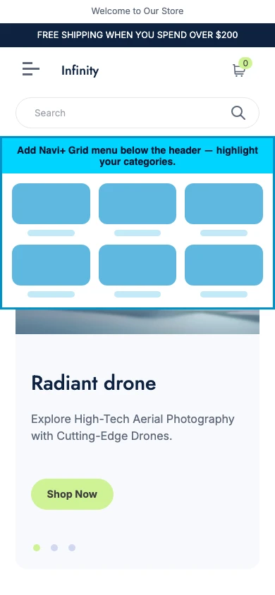 Navi+ Grid Menu on the Infinity Shopify theme Navi+ Grid Menu on the Infinity Shopify theme