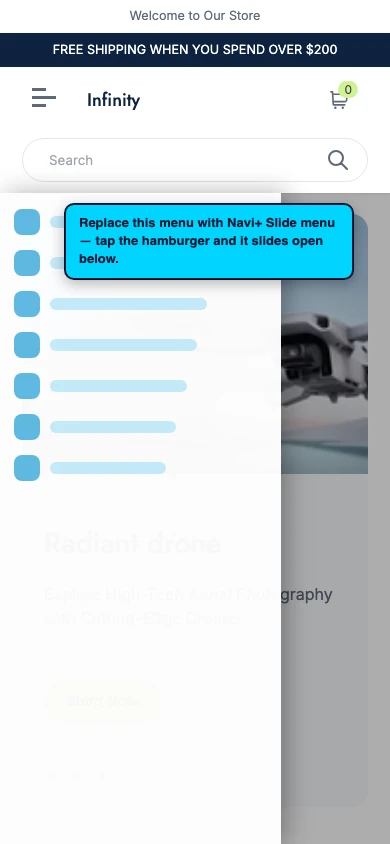 Navi+ Slide Menu on the Infinity Shopify theme Navi+ Slide Menu on the Infinity Shopify theme