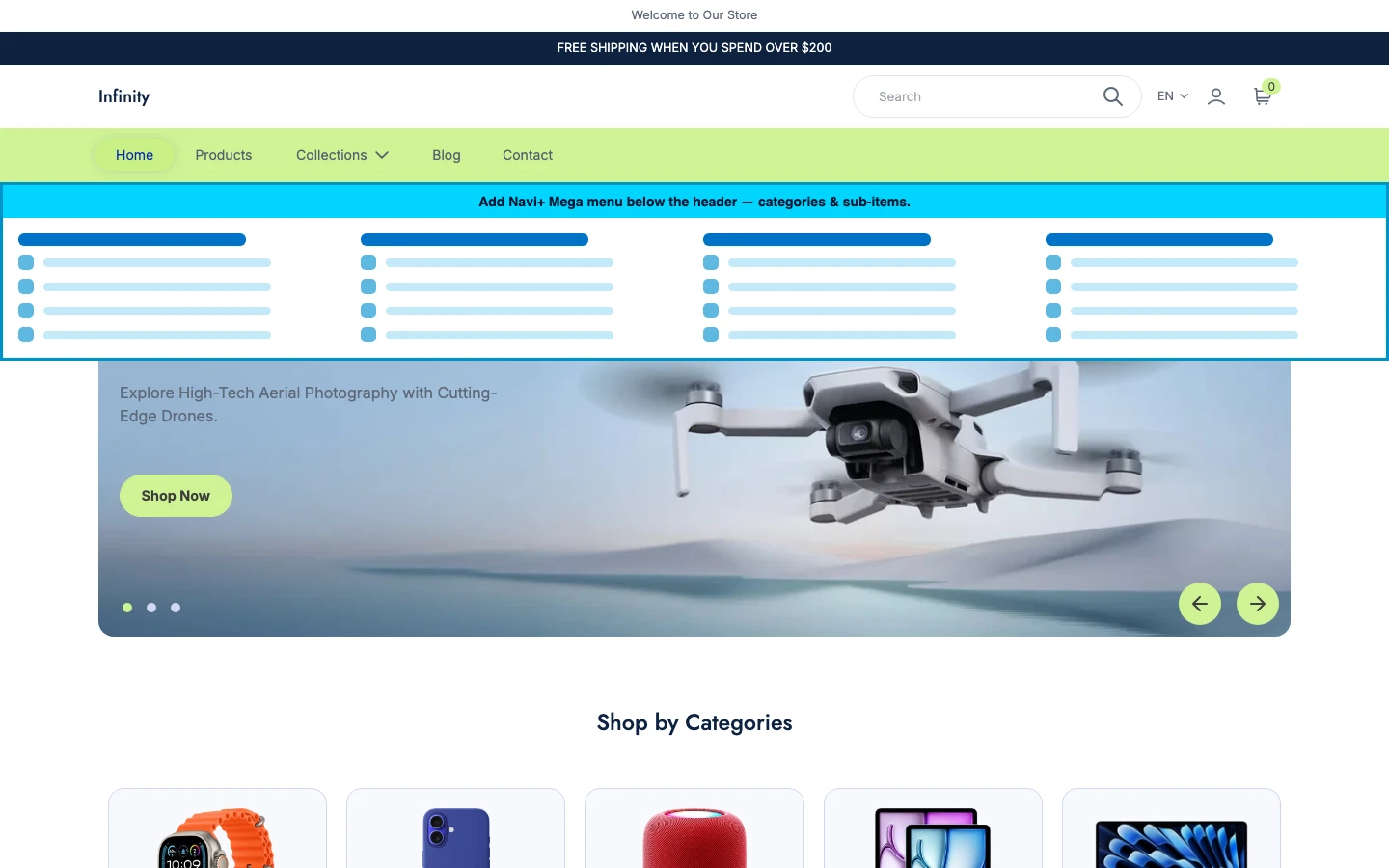 Navi+ Mega Menu inserted below the header on the Infinity Shopify theme Navi+ Mega Menu inserted below the header on the Infinity Shopify theme