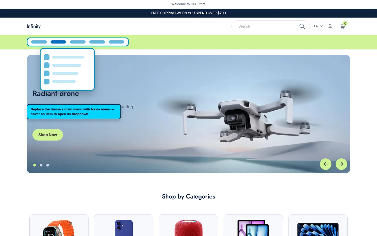 Navi+ Mega Menu replacing the desktop menu on the Infinity Shopify theme Navi+ Mega Menu replacing the desktop menu on the Infinity Shopify theme