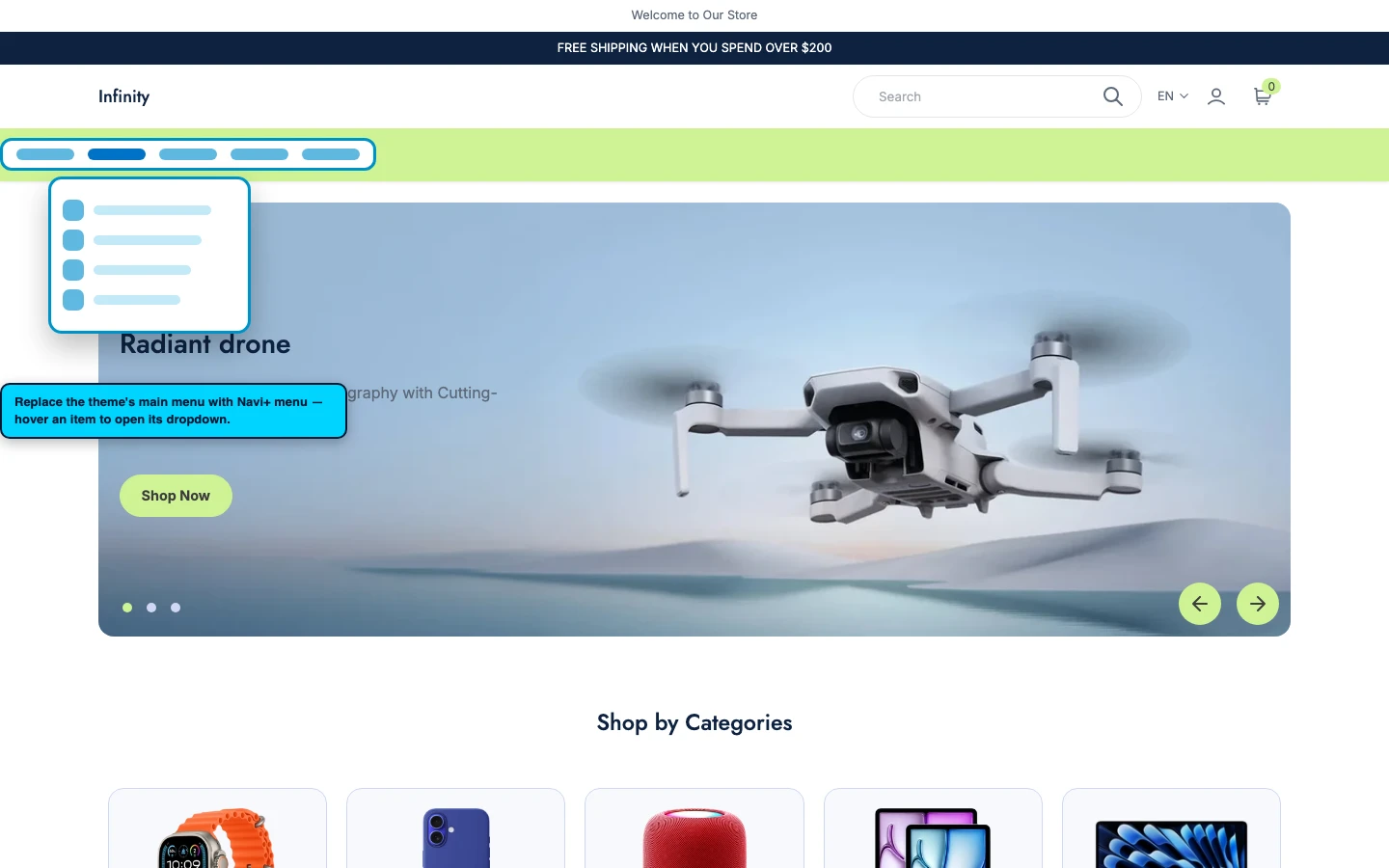 Navi+ Mega Menu replacing the desktop menu on the Infinity Shopify theme Navi+ Mega Menu replacing the desktop menu on the Infinity Shopify theme