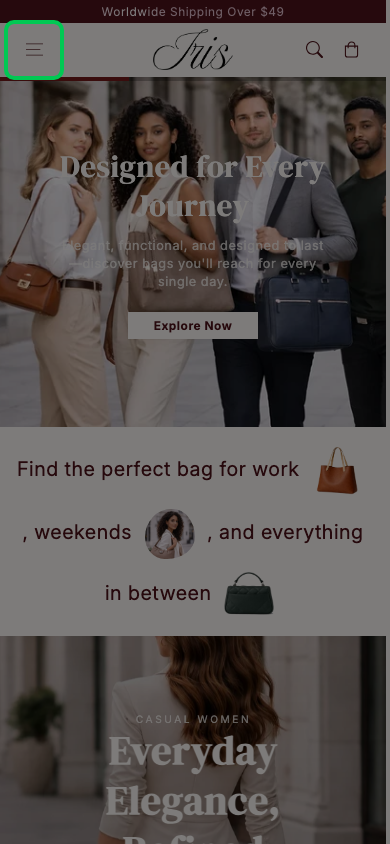 Hamburger → panel opened — Navi+ on the Iris Shopify theme Hamburger → panel opened — Navi+ on the Iris Shopify theme