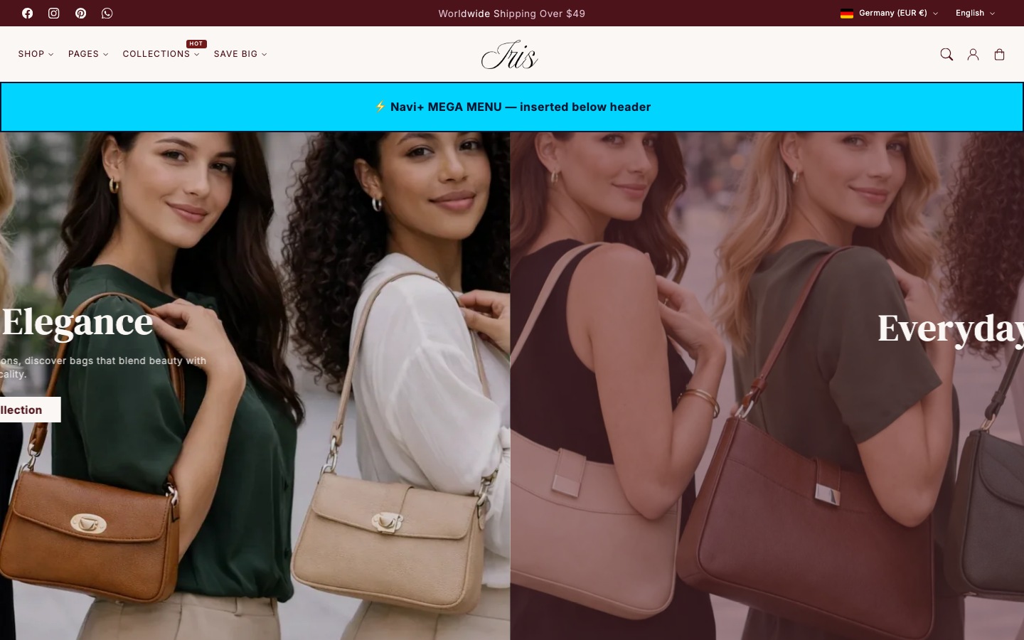 Menu inserted below header — Navi+ on the Iris Shopify theme Menu inserted below header — Navi+ on the Iris Shopify theme