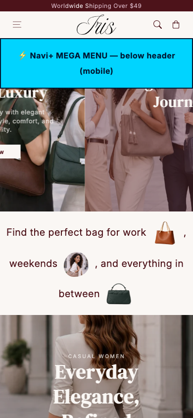 Menu inserted below header — Navi+ on the Iris Shopify theme Menu inserted below header — Navi+ on the Iris Shopify theme