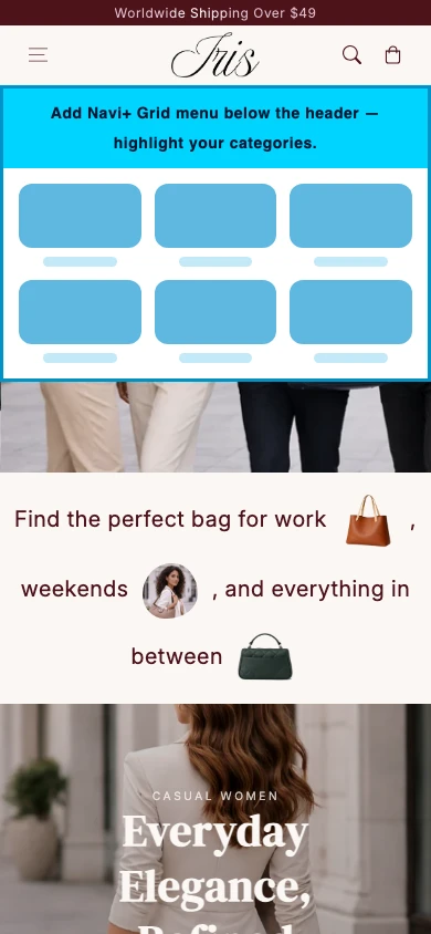 Navi+ Grid Menu on the Iris Shopify theme Navi+ Grid Menu on the Iris Shopify theme