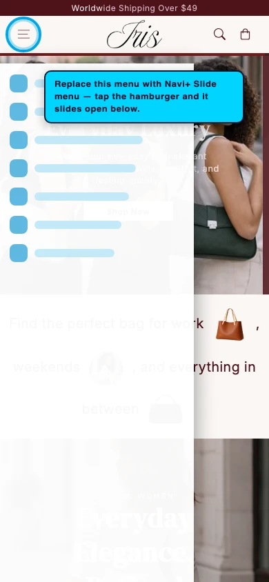Navi+ Slide Menu on the Iris Shopify theme Navi+ Slide Menu on the Iris Shopify theme