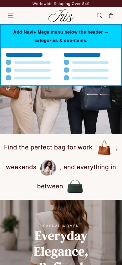 Navi+ mobile Mega Menu on the Iris Shopify theme Navi+ mobile Mega Menu on the Iris Shopify theme
