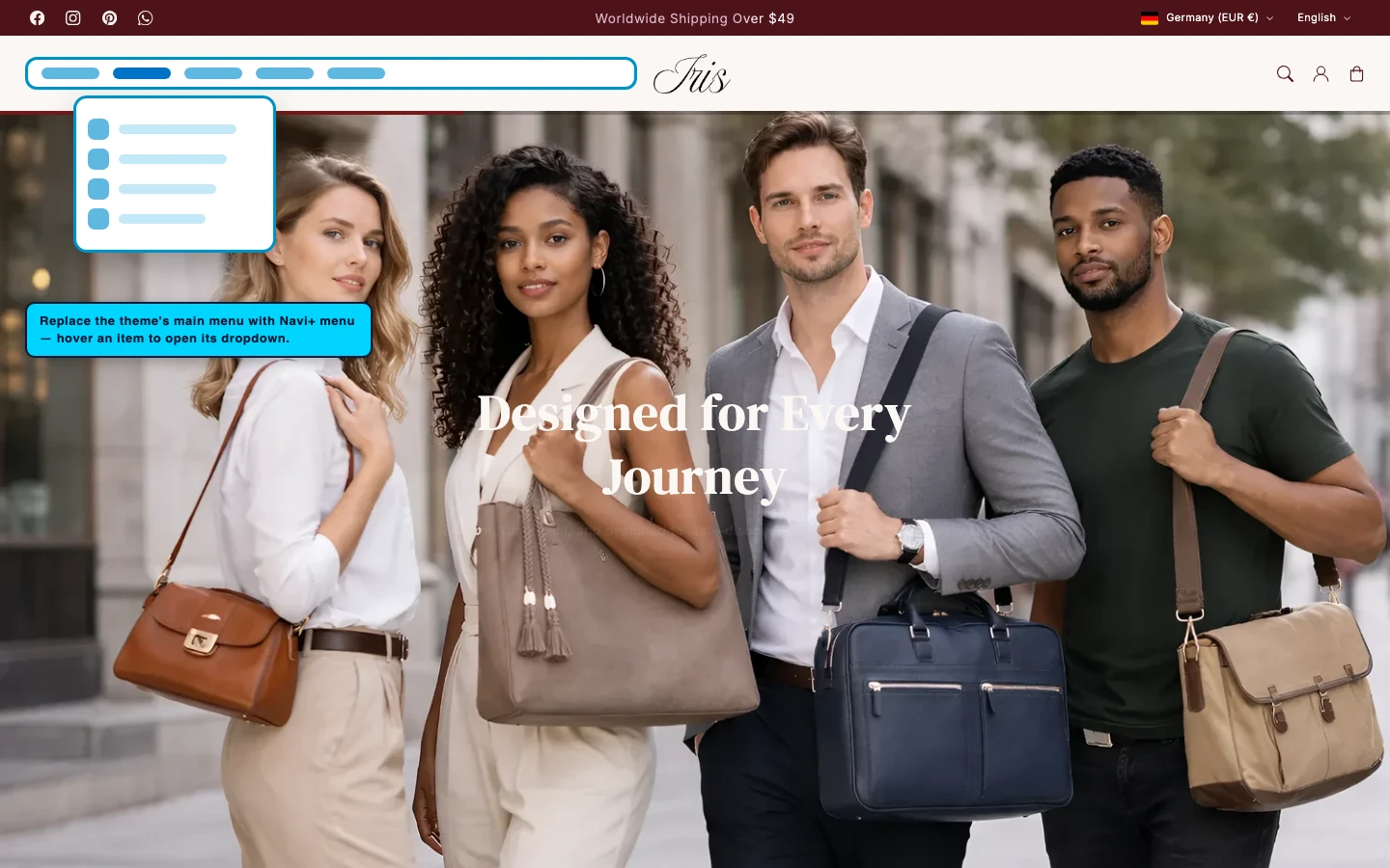 Navi+ Mega Menu replacing the desktop menu on the Iris Shopify theme Navi+ Mega Menu replacing the desktop menu on the Iris Shopify theme