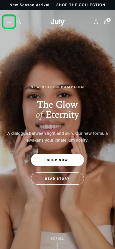 Hamburger → panel opened — Navi+ on the July Shopify theme Hamburger → panel opened — Navi+ on the July Shopify theme