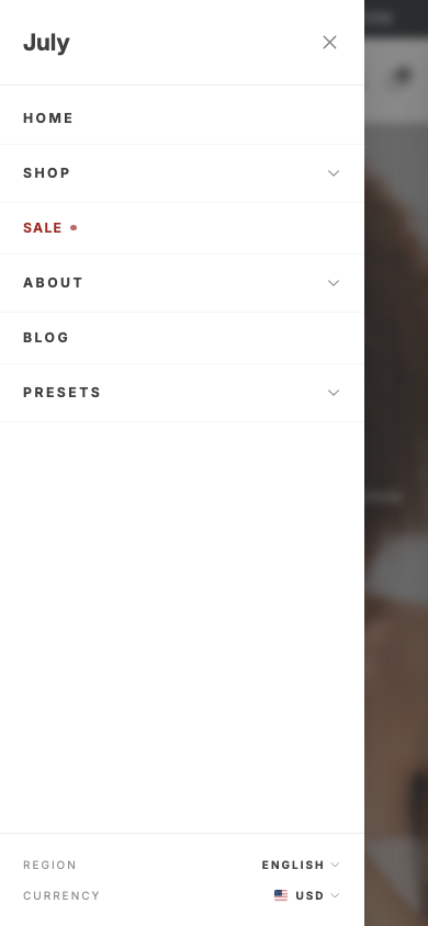 Hamburger → panel opened — Navi+ on the July Shopify theme Hamburger → panel opened — Navi+ on the July Shopify theme