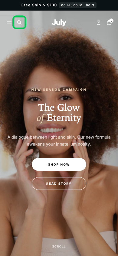 Search → panel opened — Navi+ on the July Shopify theme Search → panel opened — Navi+ on the July Shopify theme