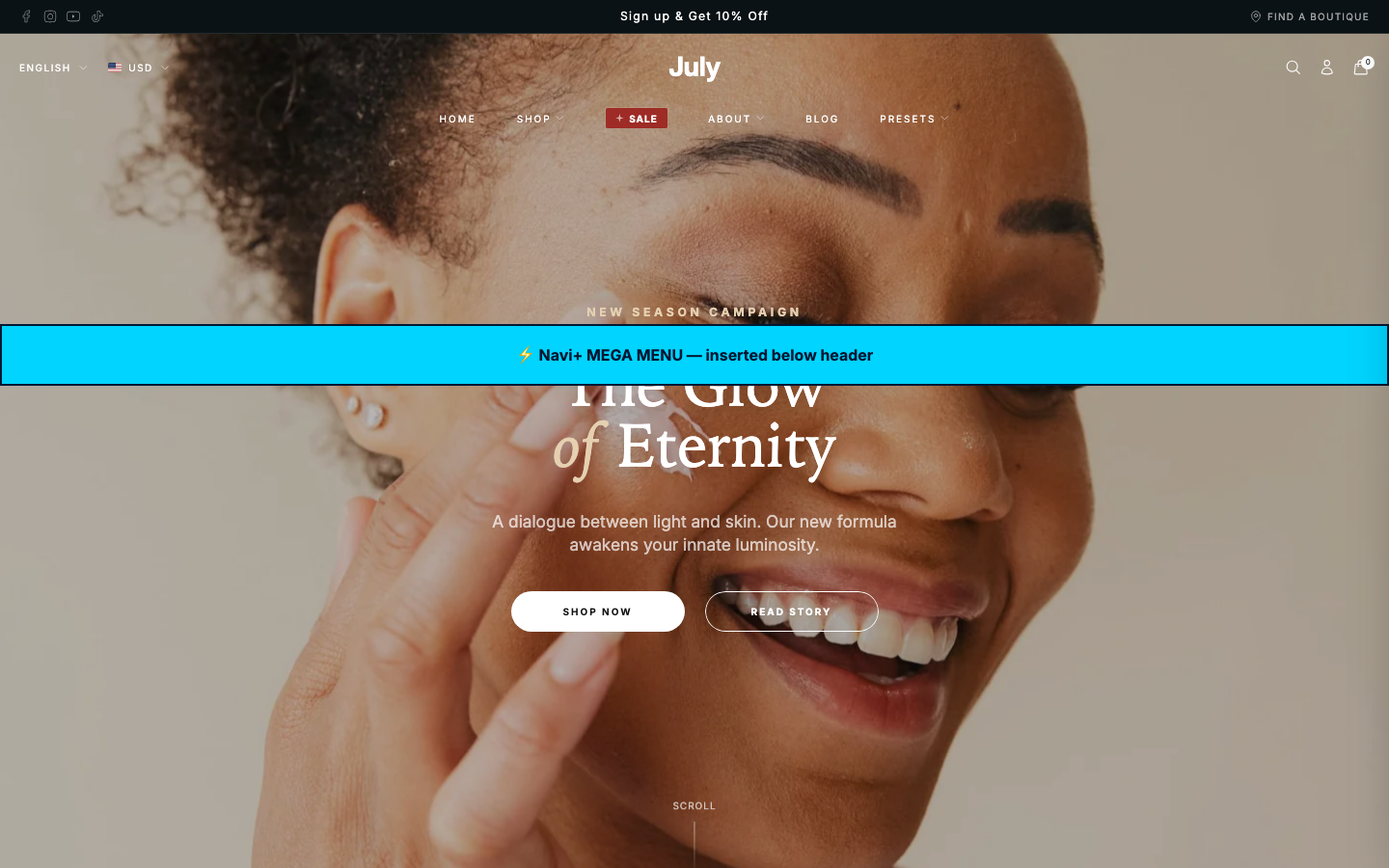 Menu inserted below header — Navi+ on the July Shopify theme Menu inserted below header — Navi+ on the July Shopify theme