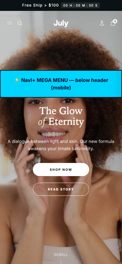 Menu inserted below header — Navi+ on the July Shopify theme Menu inserted below header — Navi+ on the July Shopify theme