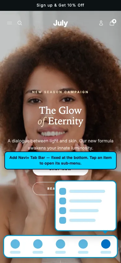 Navi+ Tab Bar on the July Shopify theme