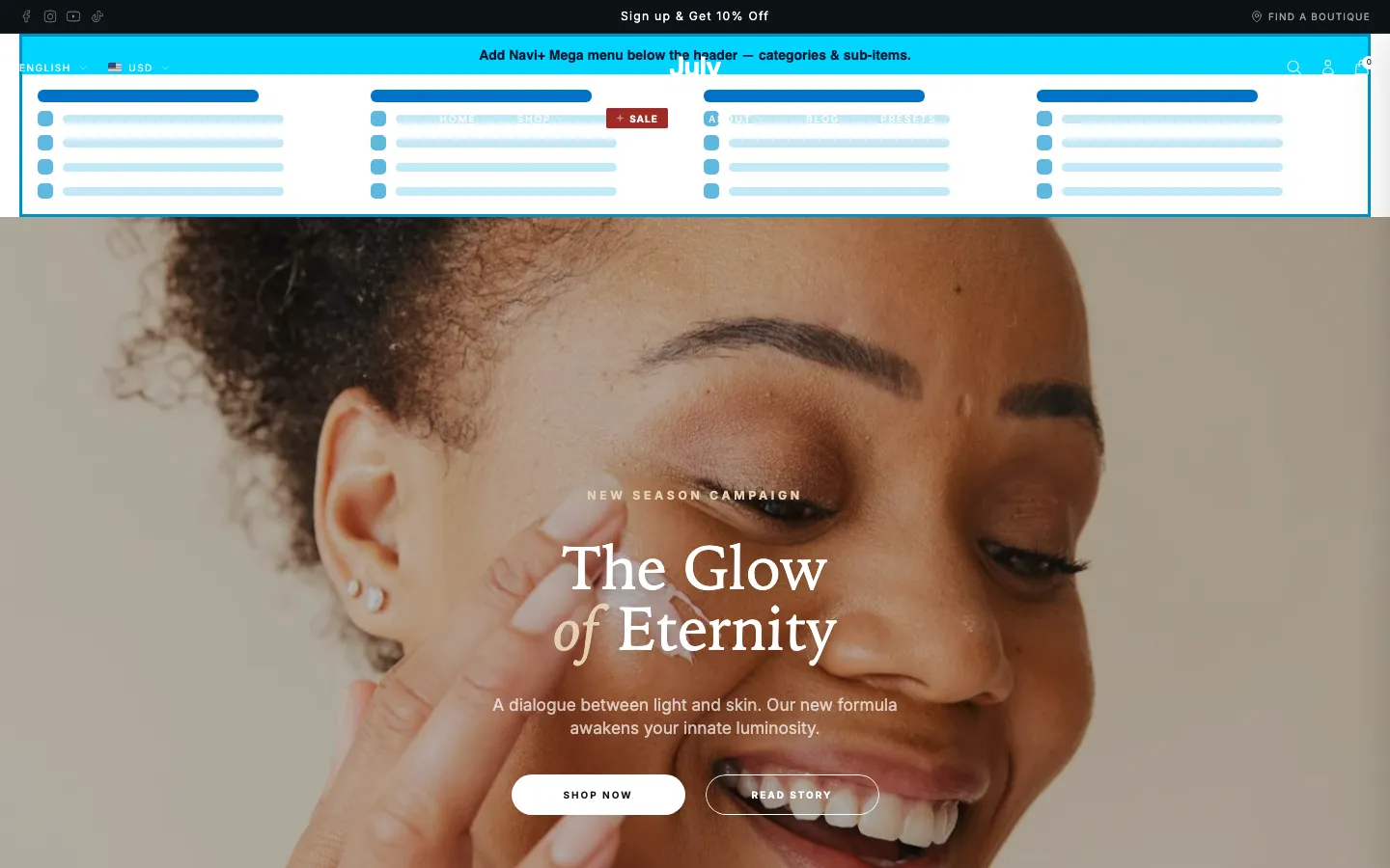 Navi+ Mega Menu inserted below the header on the July Shopify theme