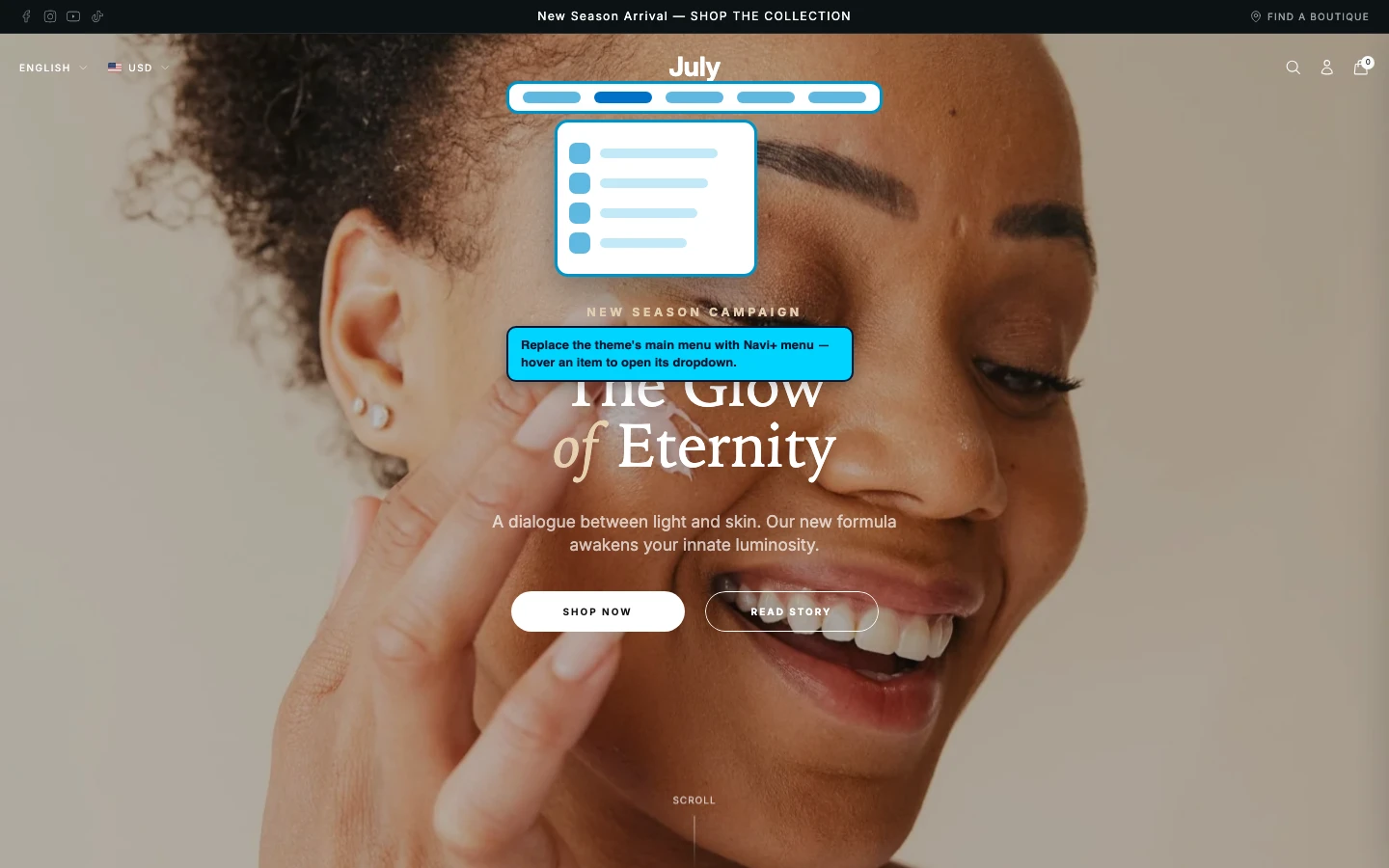 Navi+ Mega Menu replacing the desktop menu on the July Shopify theme Navi+ Mega Menu replacing the desktop menu on the July Shopify theme