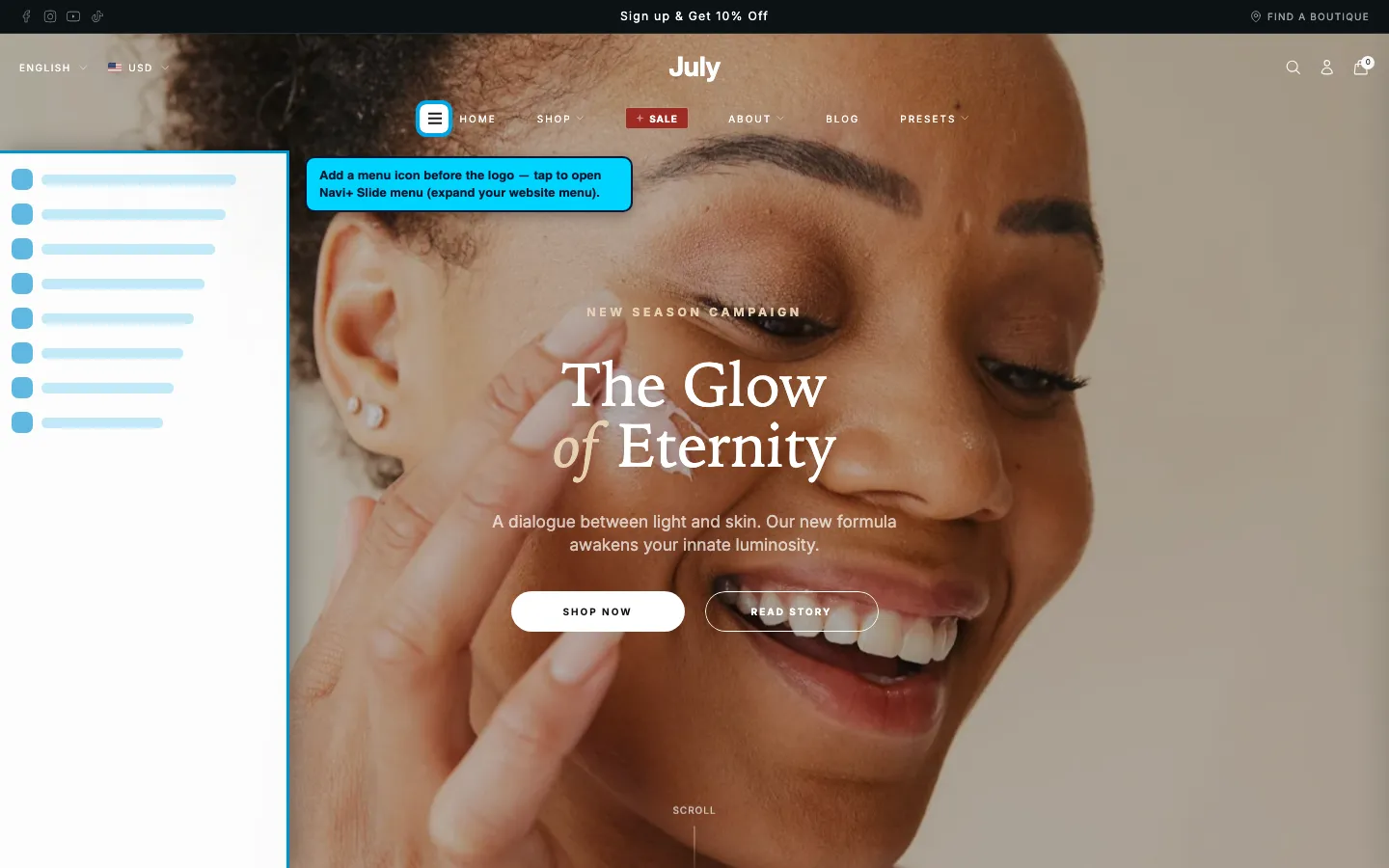 Navi+ trigger icon before the logo on the July Shopify theme