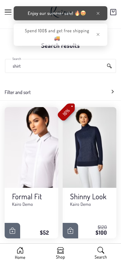 Search → panel opened — Navi+ on the Kairo Shopify theme Search → panel opened — Navi+ on the Kairo Shopify theme