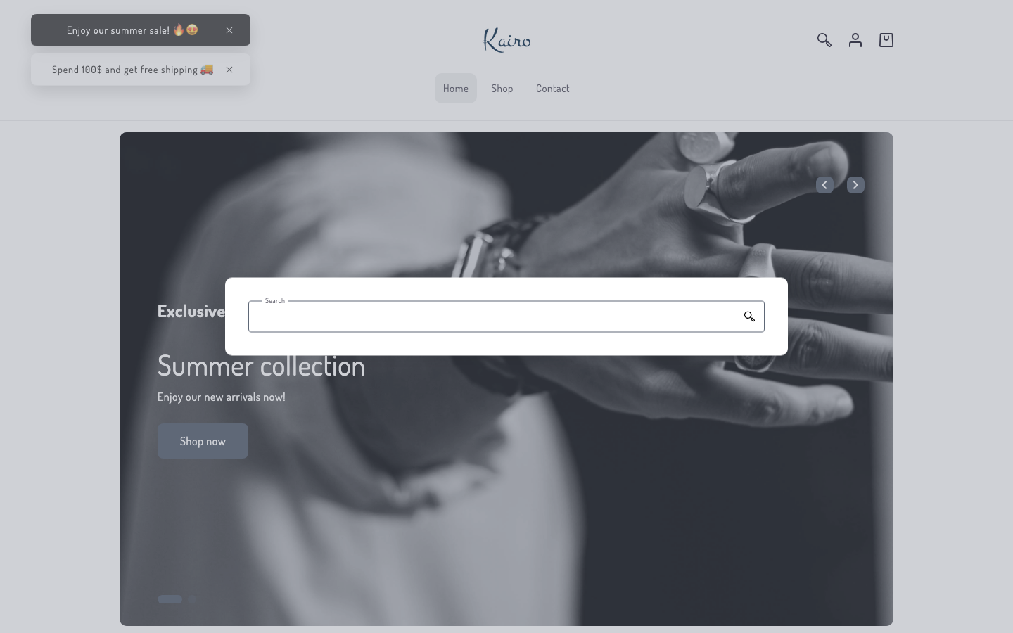 Search → panel opened — Navi+ on the Kairo Shopify theme Search → panel opened — Navi+ on the Kairo Shopify theme