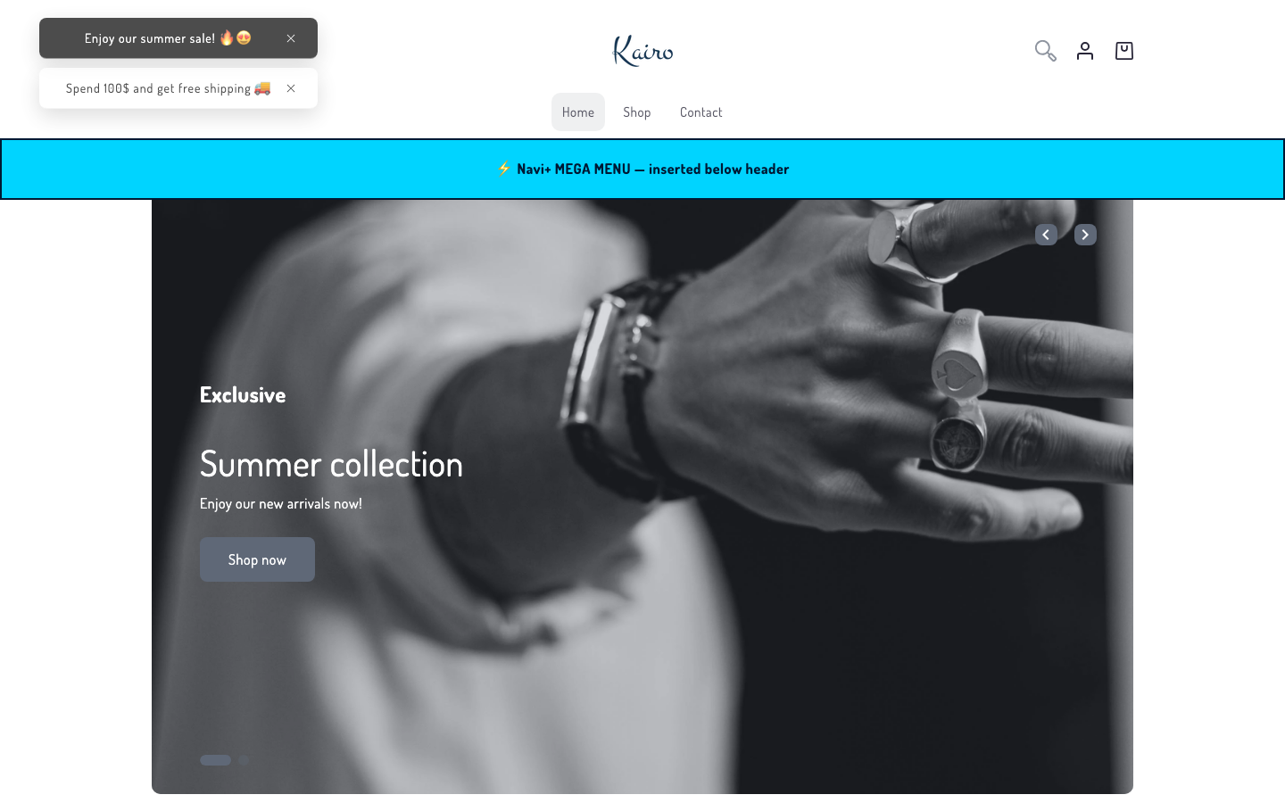 Menu inserted below header — Navi+ on the Kairo Shopify theme Menu inserted below header — Navi+ on the Kairo Shopify theme