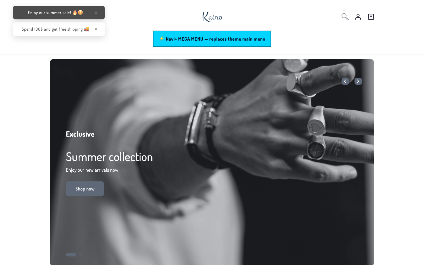 Replace main menu — Navi+ on the Kairo Shopify theme Replace main menu — Navi+ on the Kairo Shopify theme