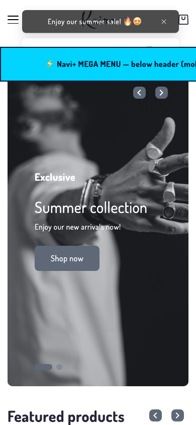 Menu inserted below header — Navi+ on the Kairo Shopify theme Menu inserted below header — Navi+ on the Kairo Shopify theme