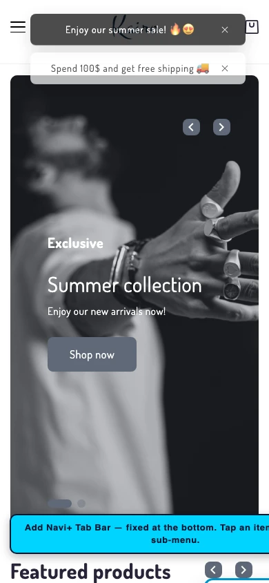 Navi+ Tab Bar on the Kairo Shopify theme Navi+ Tab Bar on the Kairo Shopify theme