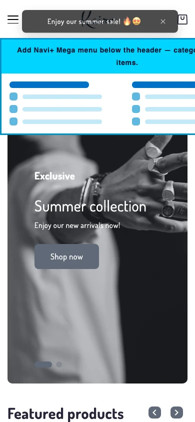 Navi+ mobile Mega Menu on the Kairo Shopify theme Navi+ mobile Mega Menu on the Kairo Shopify theme