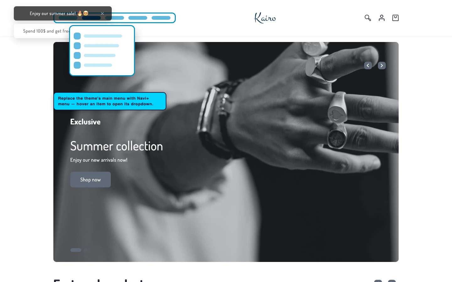 Navi+ Mega Menu replacing the desktop menu on the Kairo Shopify theme Navi+ Mega Menu replacing the desktop menu on the Kairo Shopify theme