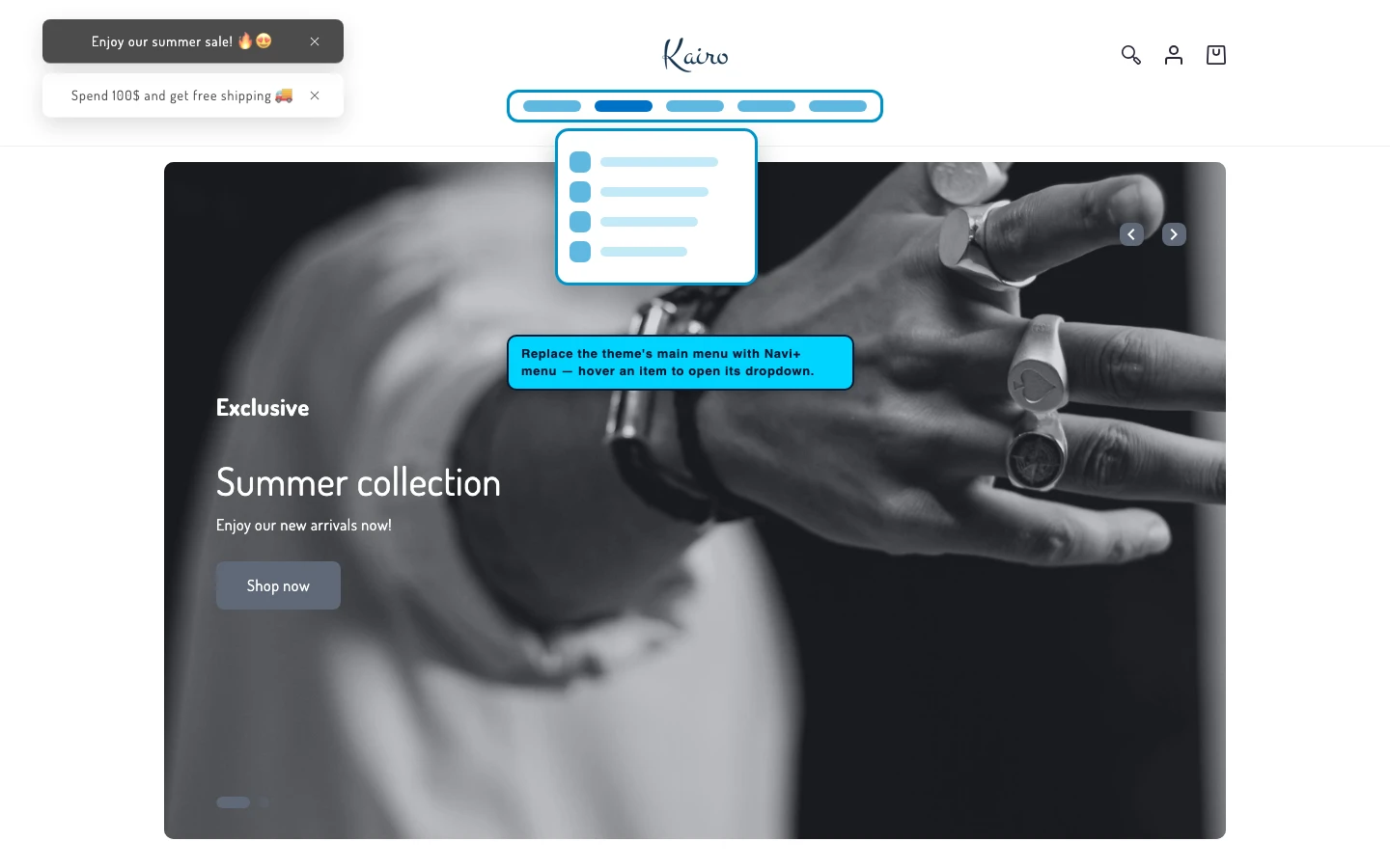 Navi+ Mega Menu replacing the desktop menu on the Kairo Shopify theme Navi+ Mega Menu replacing the desktop menu on the Kairo Shopify theme