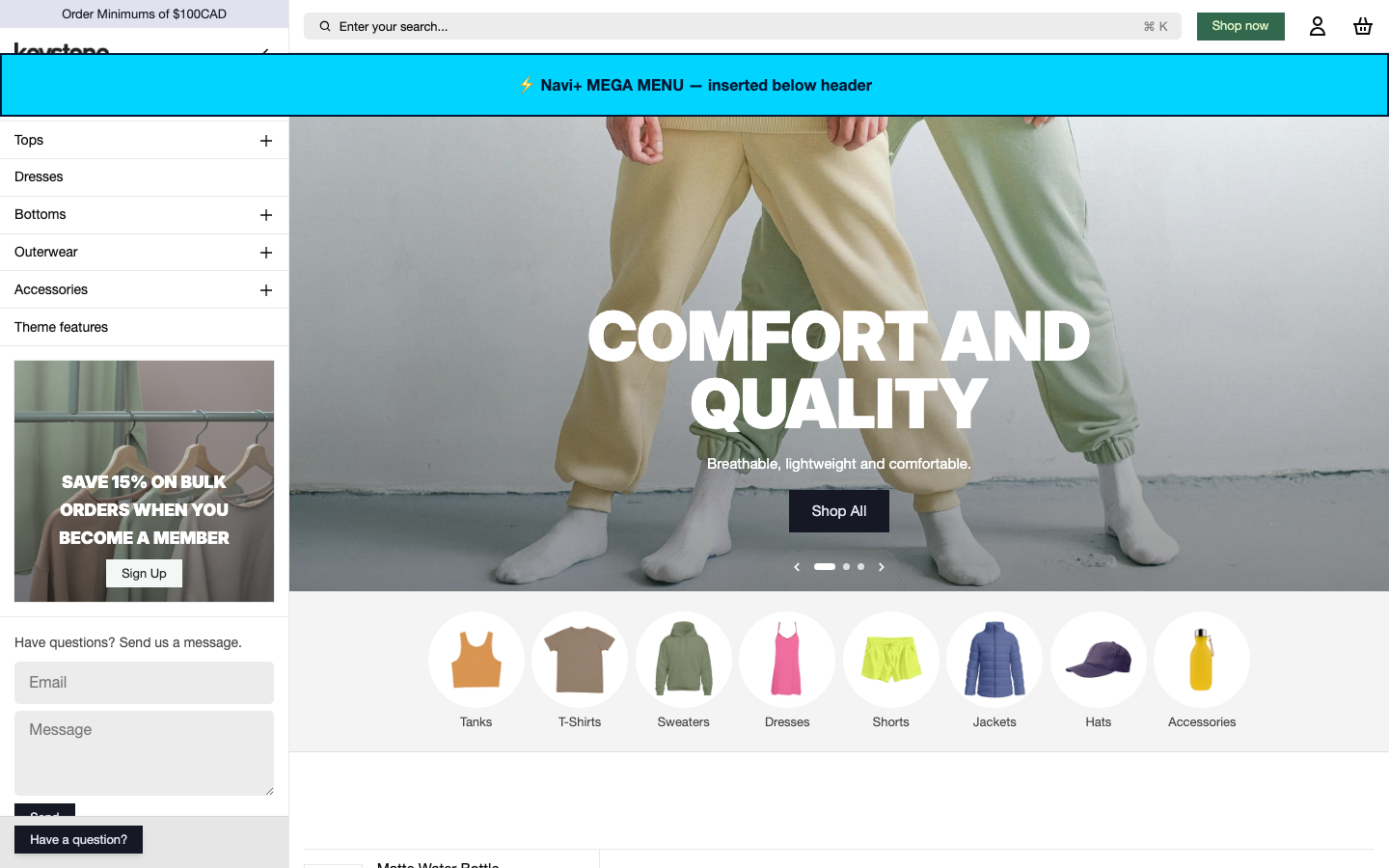 Menu inserted below header — Navi+ on the Keystone Shopify theme Menu inserted below header — Navi+ on the Keystone Shopify theme
