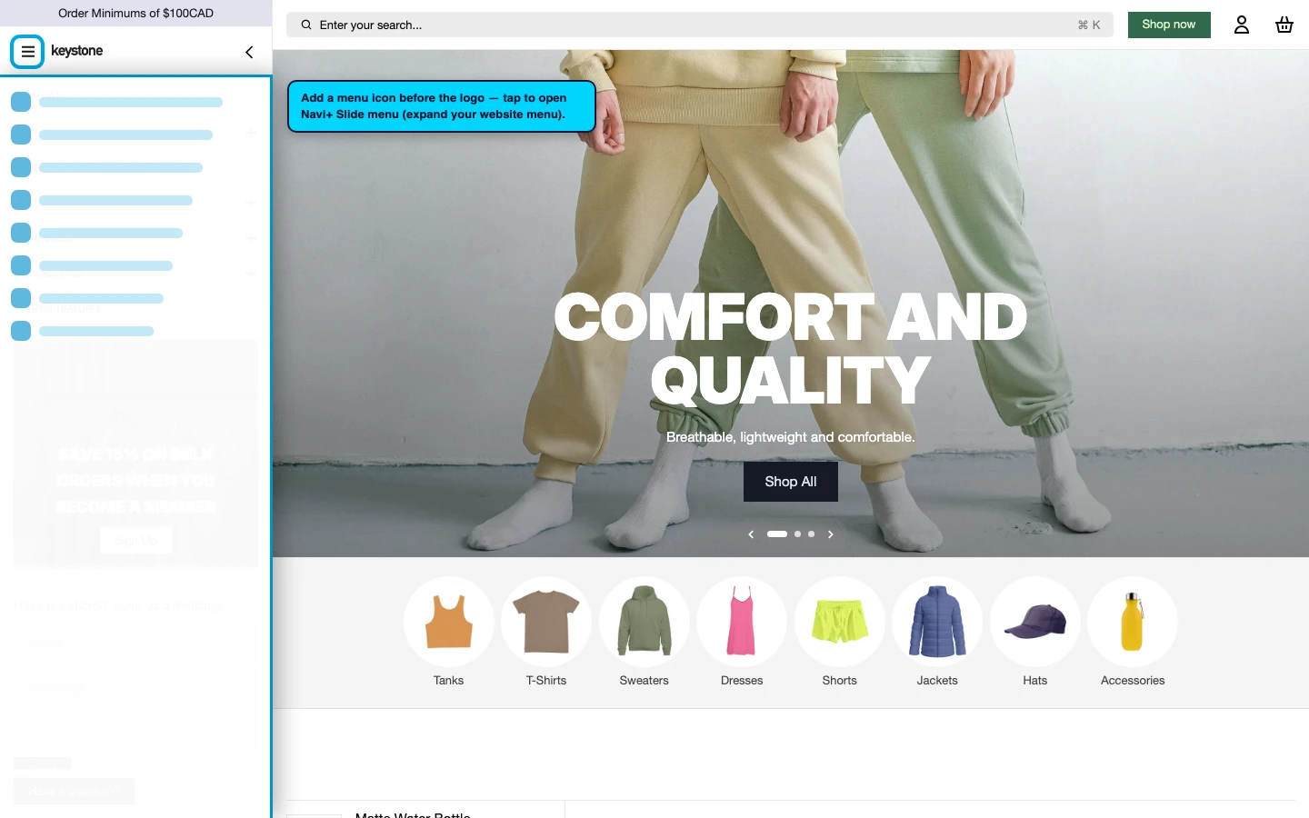 Navi+ trigger icon before the logo on the Keystone Shopify theme Navi+ trigger icon before the logo on the Keystone Shopify theme
