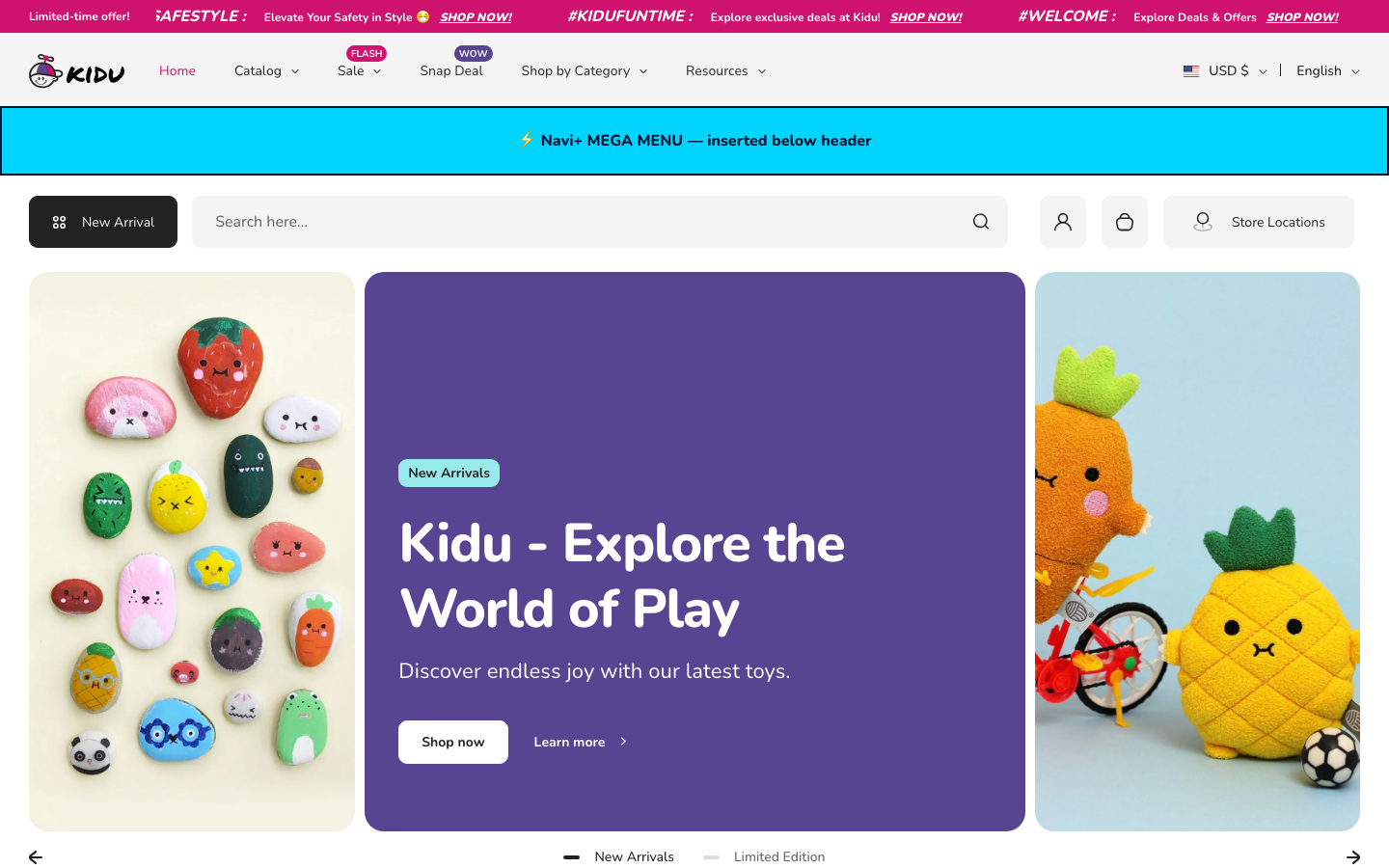 Menu inserted below header — Navi+ on the Kidu Shopify theme Menu inserted below header — Navi+ on the Kidu Shopify theme