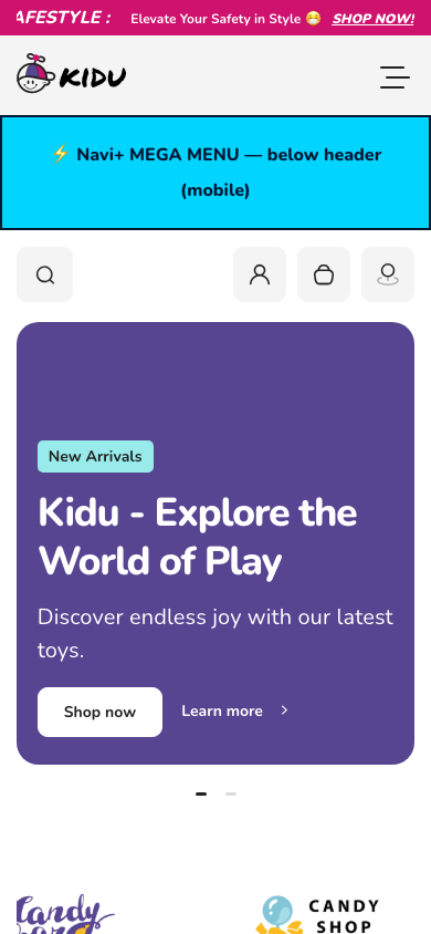 Menu inserted below header — Navi+ on the Kidu Shopify theme Menu inserted below header — Navi+ on the Kidu Shopify theme