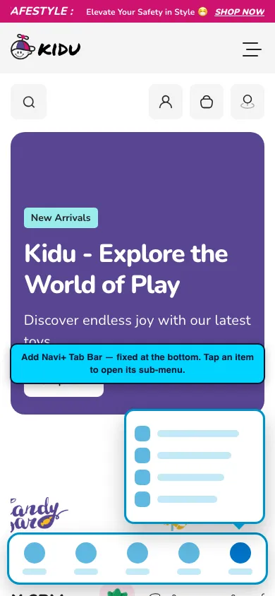 Navi+ Tab Bar on the Kidu Shopify theme Navi+ Tab Bar on the Kidu Shopify theme