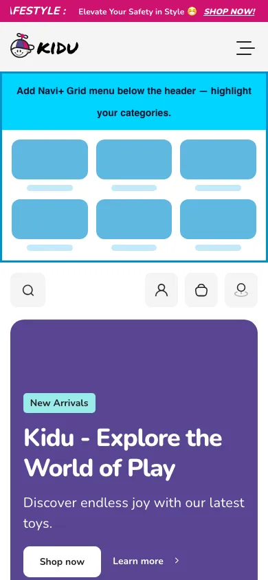 Navi+ Grid Menu on the Kidu Shopify theme Navi+ Grid Menu on the Kidu Shopify theme
