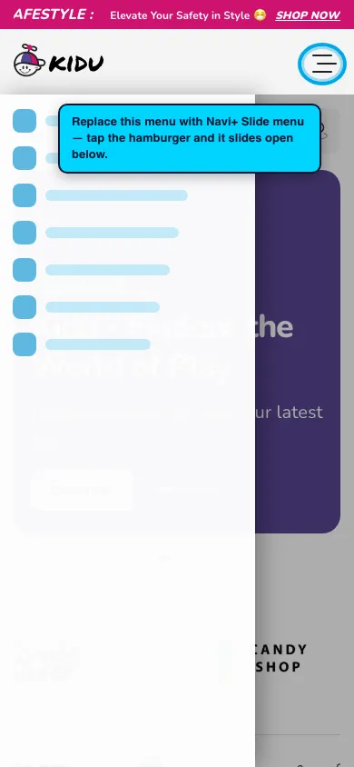 Navi+ Slide Menu on the Kidu Shopify theme Navi+ Slide Menu on the Kidu Shopify theme