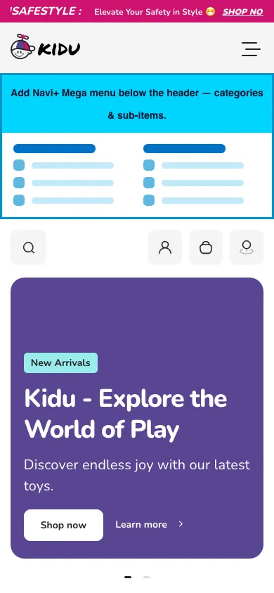 Navi+ mobile Mega Menu on the Kidu Shopify theme Navi+ mobile Mega Menu on the Kidu Shopify theme