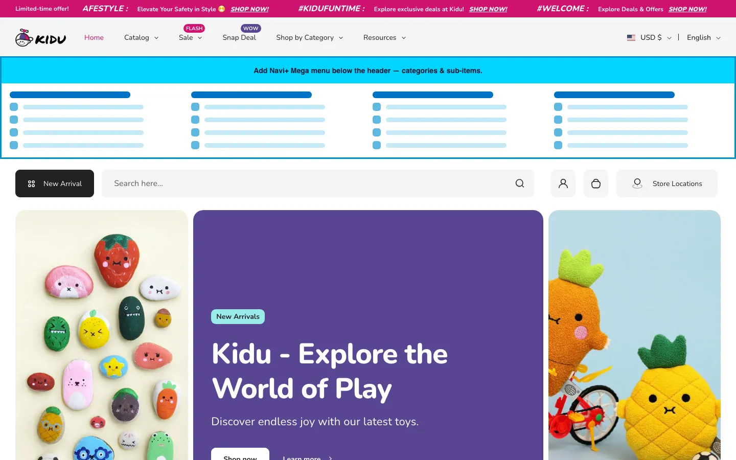 Navi+ Mega Menu inserted below the header on the Kidu Shopify theme Navi+ Mega Menu inserted below the header on the Kidu Shopify theme