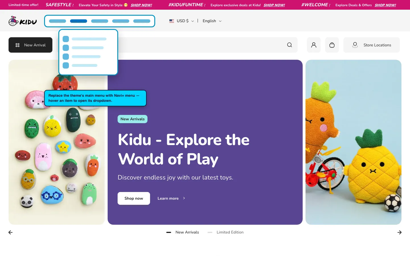 Navi+ Mega Menu replacing the desktop menu on the Kidu Shopify theme Navi+ Mega Menu replacing the desktop menu on the Kidu Shopify theme